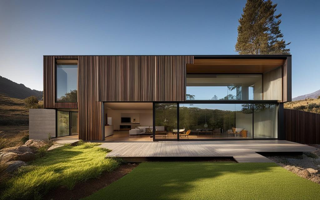 Exterior de casa moderna color café con ventanas Termopanel