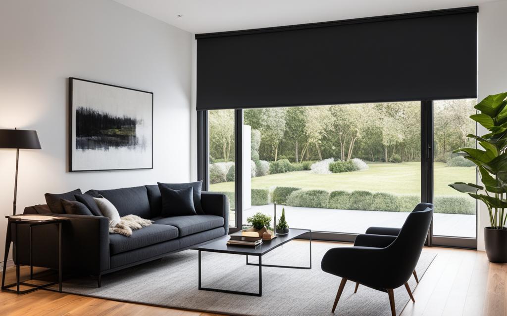 Sala de estar muy iluminada con Ventanal panorámico de Termopanel con PVC negro