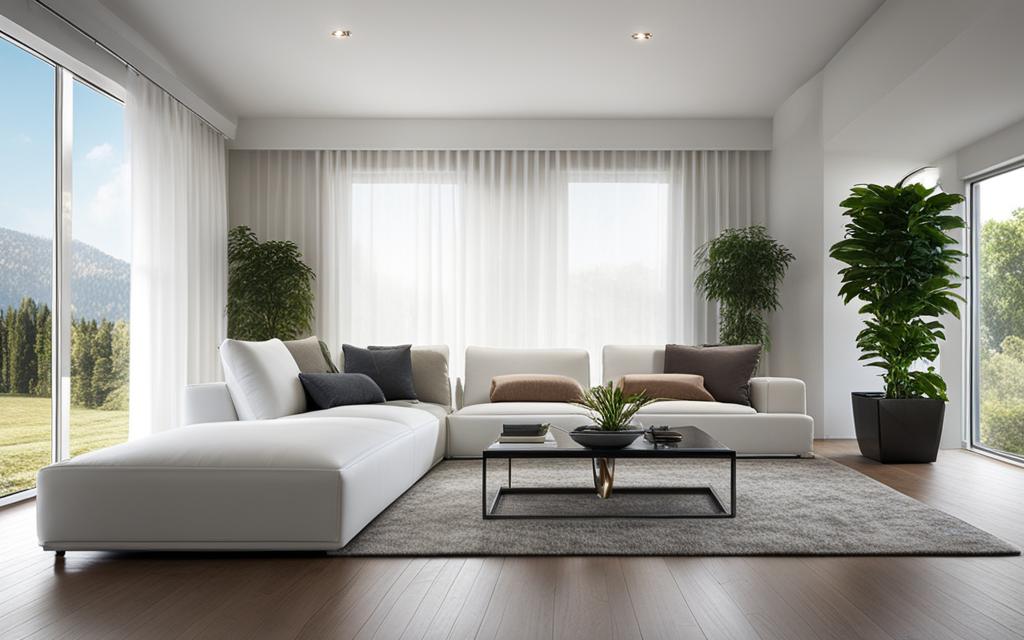 Living de tonalidades claras con Ventanas Termopanel de PVC blanco