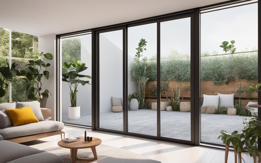 Interior de living de tonos claros que deja ver el jardín a través de sus grandes ventanales termopanel