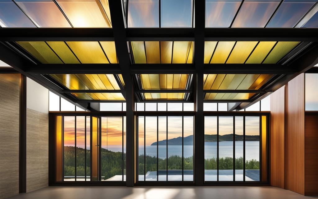 Hall Interior de hogar con vista al mar. Construcción con terminación en madera y Ventanas Termopanel