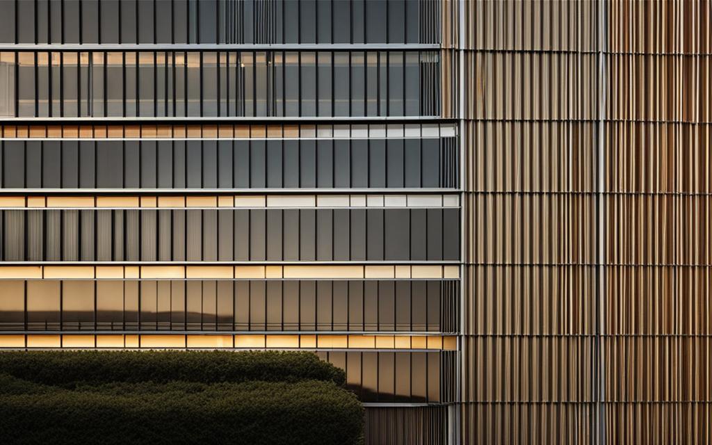 Fachada de edifcio en atardecer con mucha tecnología termopanel aplicada como revestimiento. No tiene marcos