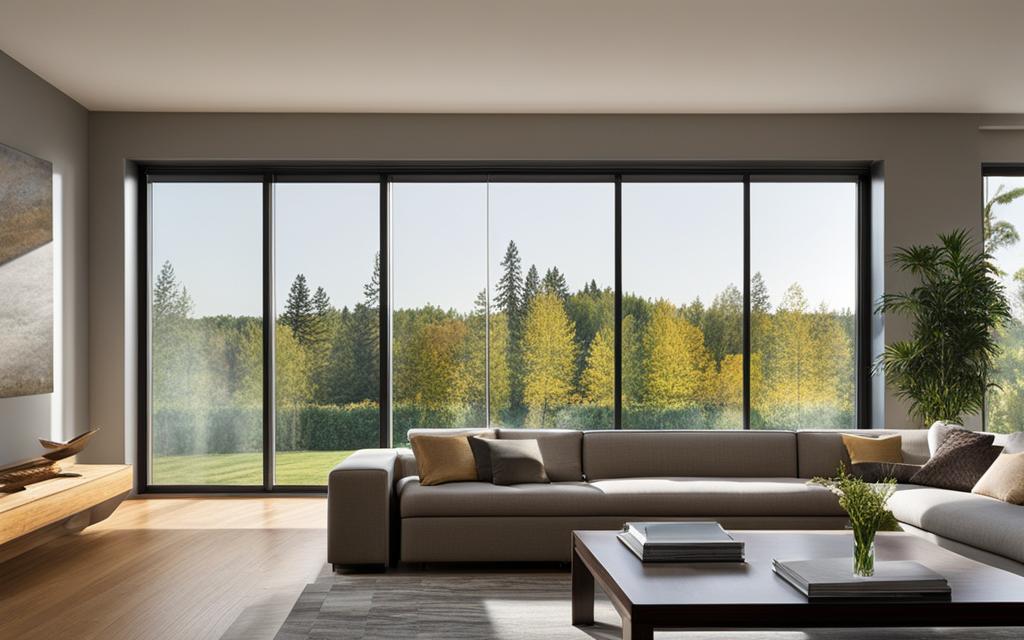 Vista del living de una casa con vidrios termopanel que dejan ver los árboles